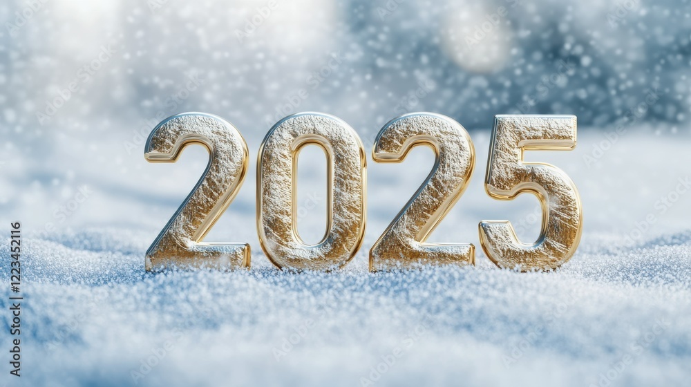 Golden 2025 numbers on snowy background with winter atmosphere Golden 2025 numbers on snowy background with winter atmosphere