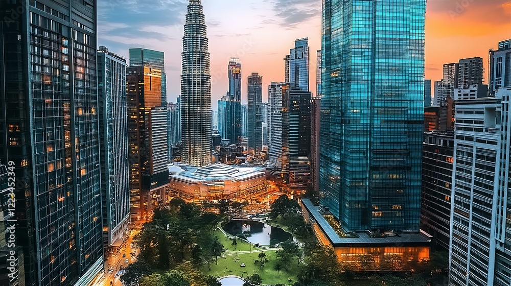 Obraz premium Sunset in modern asian capital city as Kuala Lumpur. Aerial view of futuristic skyscrapers of financial and business area.