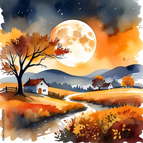 Harvest Moon Watercolor Art: Autumn Mood photo