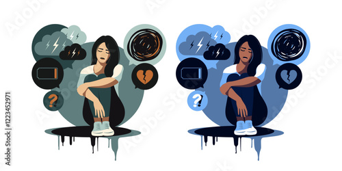 Depressed sad woman thinking over problems. Bankruptcy, loss, crisis, burnout syndrome, relationship trouble concept. Vector illustration. Flat.