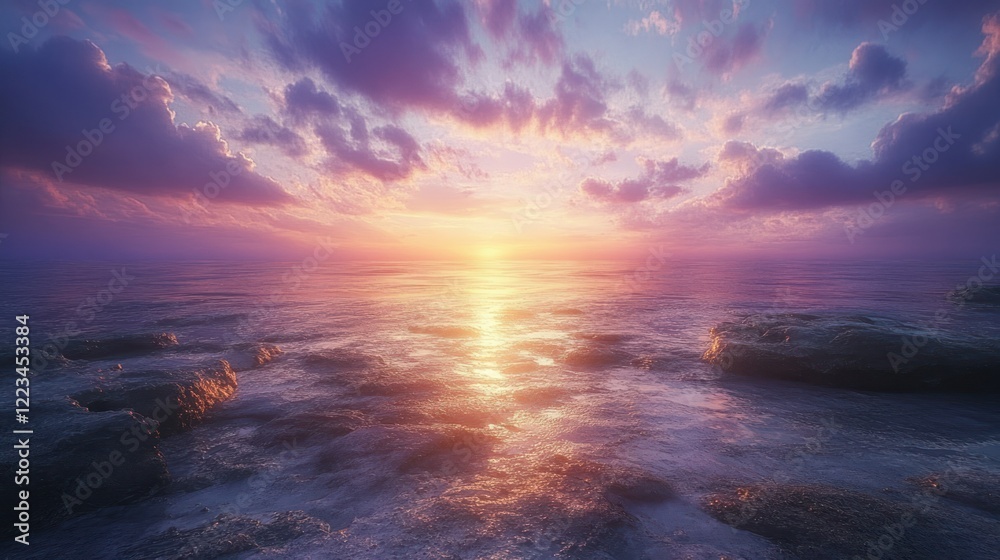 Ocean sunset, rocky shore, purple clouds, calm waves, serenity Ocean sunset, rocky shore, purple clouds, calm waves, serenity