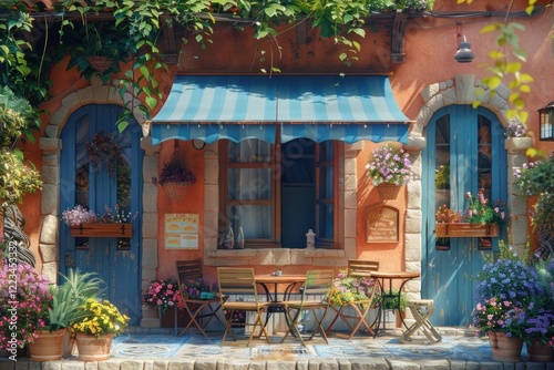 Small outdoor cafe in a Provence village, featuring vibrant awnings, mosaic tables, and lush plants in bright sunlight photo