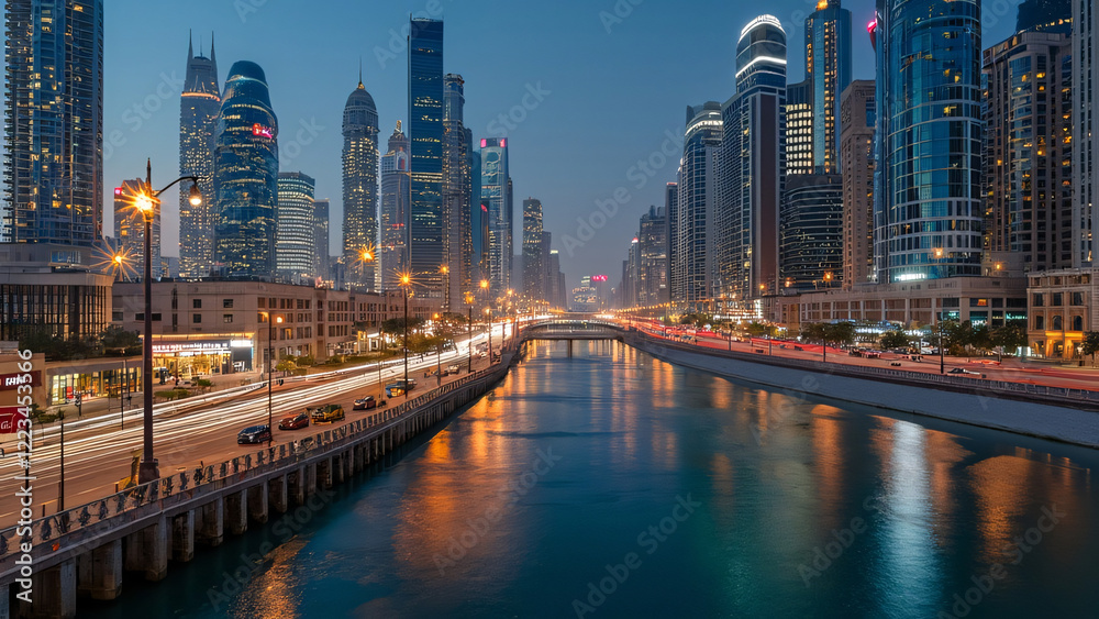 Fototapeta premium Dubai Canal at Dusk - Modern Urban Waterfront with Illuminated Skyscrapers