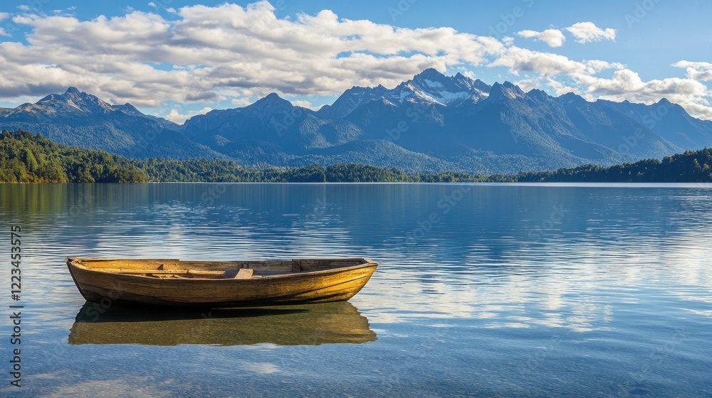 Wooden Rowboat on Calm Lake With Mountain View