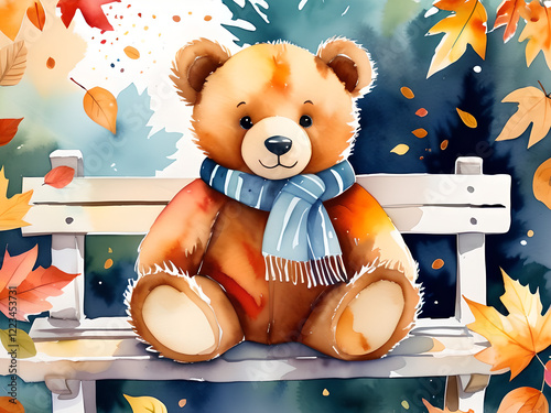 Cozy Autumn Mood: Scarf-Clad Teddy Bear on a Bench photo