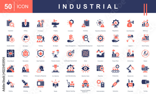 Icons set representing Industrial processes, including production, quality control, logistics, machinery, waste management, innovation, safety protocols, and robotics. Ideal for manufacturing projects