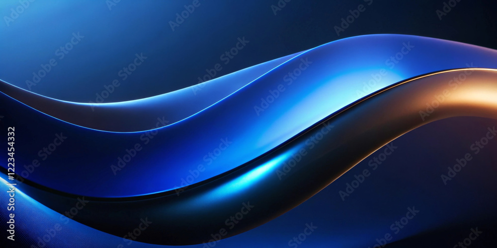 Obraz premium Elegant, flowing curves of blue and black create a dynamic wave-like pattern against a dark background. Light reflects off the curves, highlighting their smooth, glossy surface. Space for text.AI