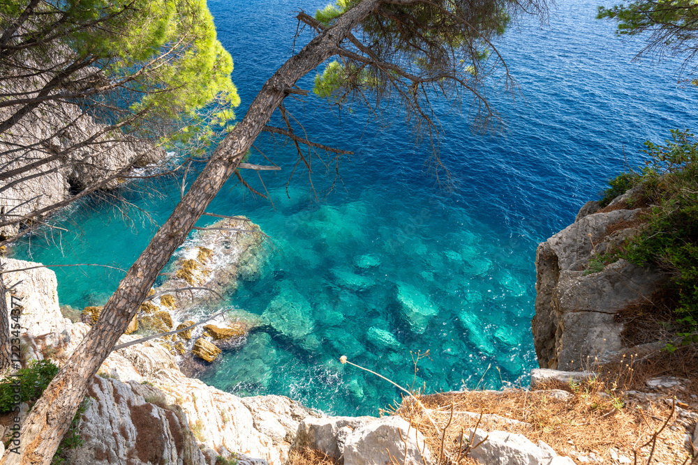 azure adriatic sea over coast of Petrovac na Moru in Montenegro