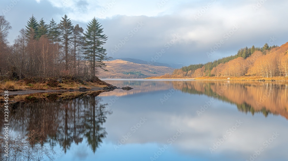 Calm lake reflects autumnal trees and hills