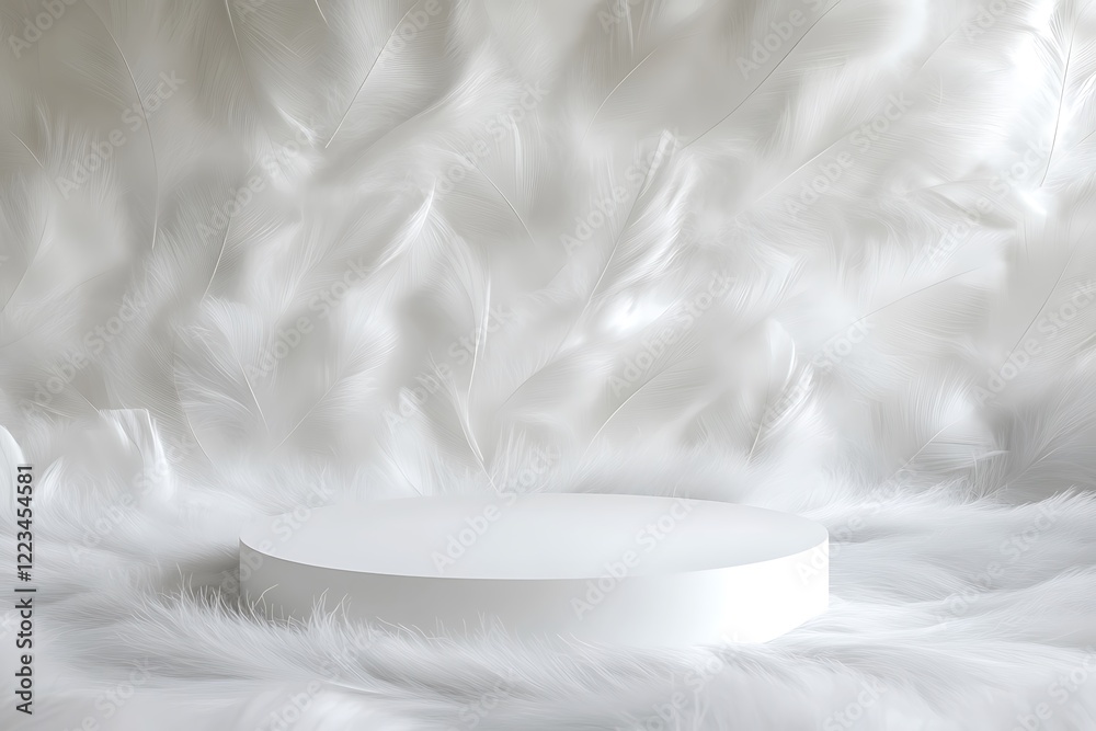 Fototapeta premium Elegant white stage on a soft feather pattern background, blending luxury with minimalist design.
