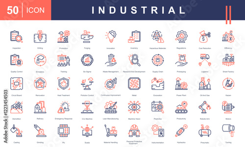 Icons set representing Industrial processes, including production, quality control, logistics, machinery, waste management, innovation, safety protocols, and robotics. Ideal for manufacturing projects