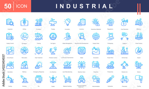 Icons set representing Industrial processes, including production, quality control, logistics, machinery, waste management, innovation, safety protocols, and robotics. Ideal for manufacturing projects