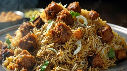 A vibrant plate of biryani garnished with herbs and spices, showcasing rich flavors.