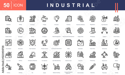 Icons set representing Industrial processes, including production, quality control, logistics, machinery, waste management, innovation, safety protocols, and robotics. Ideal for manufacturing projects