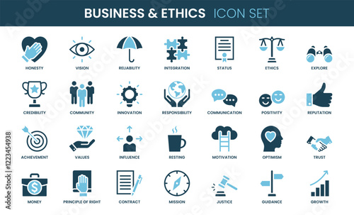 Business And Ethics icon set. Duotone and glyph style.