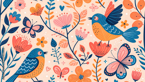 bright wallpaper with flowers butterflies birds - seamless pattern for your design