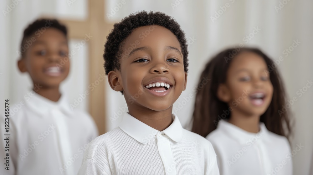 Elegant Black children singing in a Sunday school choir joyfully smiling in front of a simple wooden cross and soft white drapery Elegant Black children singing in a Sunday school choir joyfully smiling in front of a simple wooden cross and soft white drapery