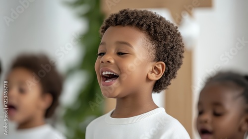 Elegant Black children singing in a Sunday school choir joyfully smiling in front of a simple wooden cross and soft white drapery 