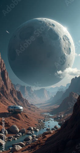 A breathtaking view of a lunar landscape with a massive moon in the sky, showcasing the beauty of distant planets, ideal for science fiction and space exploration themes. photo