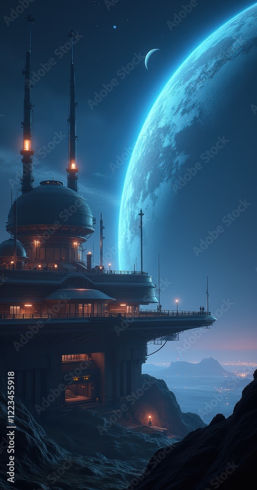 Obraz premium Explore a futuristic landscape featuring a high-tech facility under a celestial sky, perfect for sci-fi projects, games, and digital art.