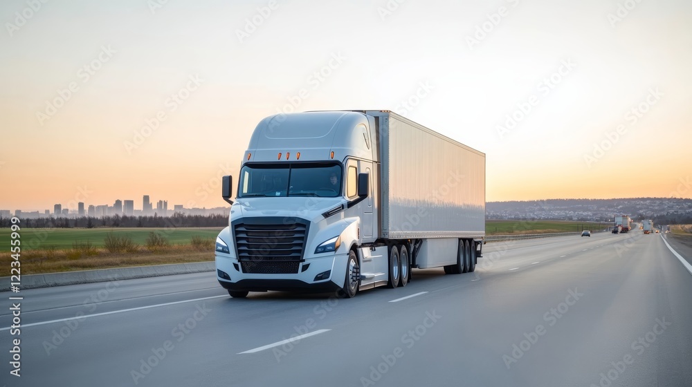 Elegant Blue long haul truck hauling a refrigerated cargo container on a highway at dusk with a glowing orange sky and city skyline in the distance 