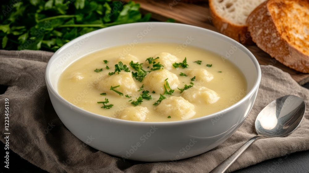 Elegant Bowl of homemade chicken soup with dumplings surrounded by fresh bread a spoon and herbs placed on a rustic linen cloth Elegant Bowl of homemade chicken soup with dumplings surrounded by fresh bread a spoon and herbs placed on a rustic linen cloth