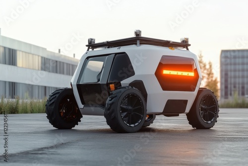 Unique futuristic vehicle design showcased in an urban environment at sunset photo