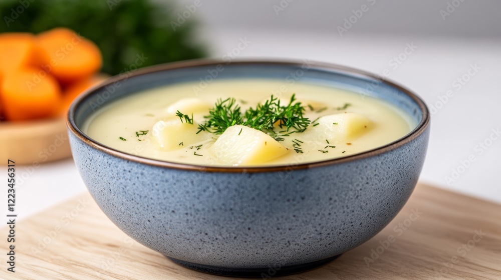 Elegant Chicken soup in a blue ceramic bowl featuring hearty ingredients like potatoes carrots and a sprinkle of fresh dill surrounded by rustic decor Elegant Chicken soup in a blue ceramic bowl featuring hearty ingredients like potatoes carrots and a sprinkle of fresh dill surrounded by rustic decor