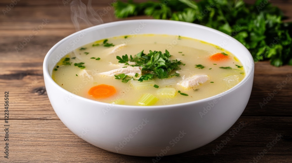 Elegant Chunky chicken soup filled with carrots celery and onions served in a deep bowl with steam rising and fresh herbs on a wooden table Elegant Chunky chicken soup filled with carrots celery and onions served in a deep bowl with steam rising and fresh herbs on a wooden table