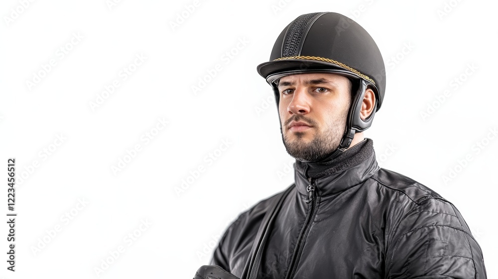 Elegant Close up of a jockeys gloved hand tightly gripping reins on a dark brown horse with a sleek golden bridle isolated on a white background 