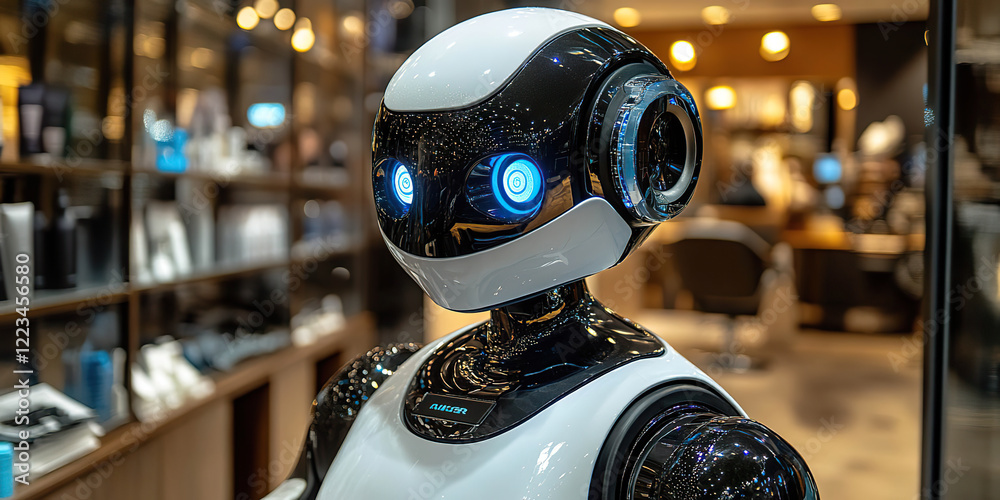 Futuristic robot with illuminated eyes in a modern technology store environment. Generated with AI.