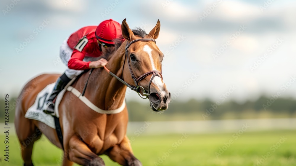Obraz premium Elegant Close up of numbered saddlecloth on a galloping racehorse with a jockey in bright red silks leaning into the wind 