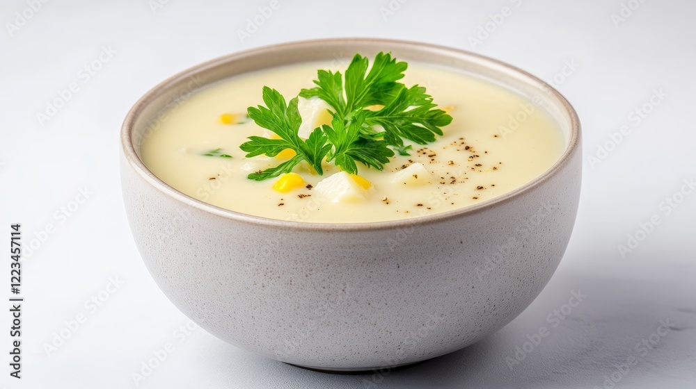 Elegant Creamy chicken soup with chunks of chicken corn and potatoes topped with cracked pepper and served in a stoneware bowl on a textured background Elegant Creamy chicken soup with chunks of chicken corn and potatoes topped with cracked pepper and served in a stoneware bowl on a textured background