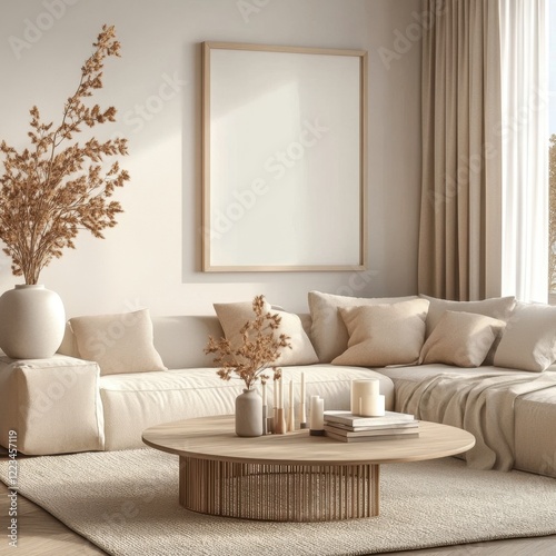 A living room with a white couch and a coffee table. The coffee table has a vase with flowers on it and a few books