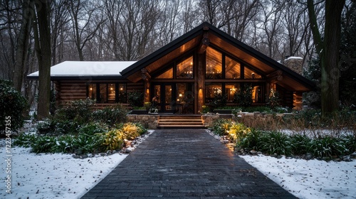 Winter log cabin home, snowy pathway, forest background, real estate