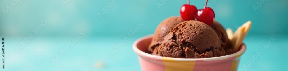 Scoops of chocolate ice cream in a colorful dessert bowl with cherries on top, bowl, cherry, frozen desserts Scoops of chocolate ice cream in a colorful dessert bowl with cherries on top, bowl, cherry, frozen desserts