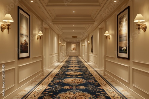 Elegant hotel corridor with patterned carpet, wall sconces, and framed art creating a refined atmosphere