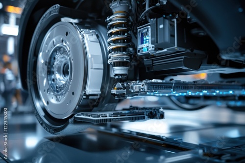 Close-up of electric vehicle's wheel, suspension, and brake system.