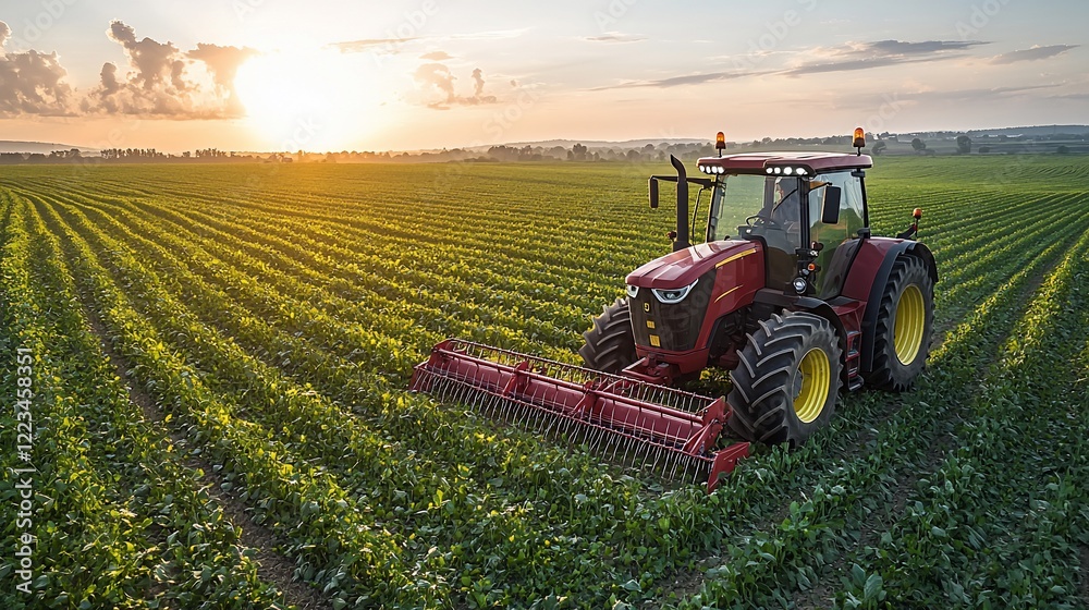 Fototapeta premium Sunset Tractor Harvesting: Golden Hour Agriculture