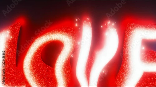 The glowing red word LOVE explodes into small particles. 3D render animation. View from top