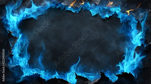Burnt edges and holes in paper with blue fire and black ash. Borders and frames from scorched and smoldering torn edges with magic flame, vector realistic set isolated on transparent background
