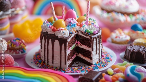 Sweet candy land background. Fantasy game cartoon landscape. Chocolate cake, dessert and cute rainbow illustration for fairytale backdrop. Birthday world with pink biscuit and fantastic confectionery