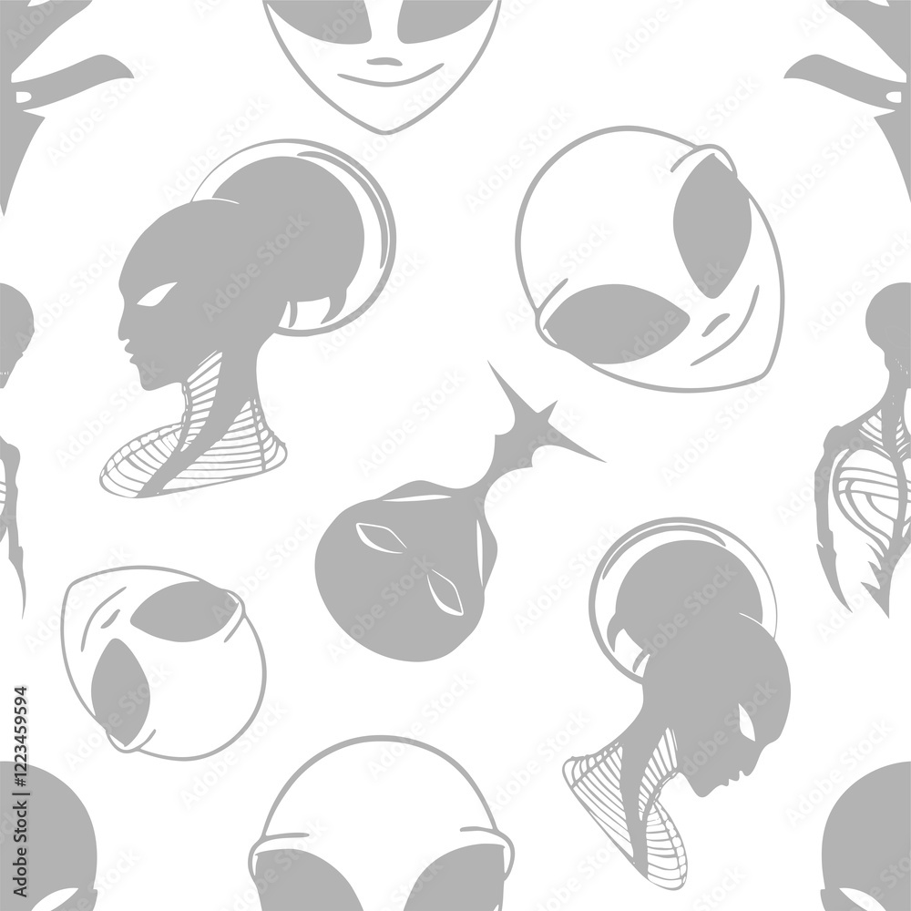 seamless pattern gray graphic aliens on white background, texture, design seamless pattern gray graphic aliens on white background, texture, design