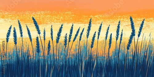 Sunset wheat field painting with golden and blue colors photo