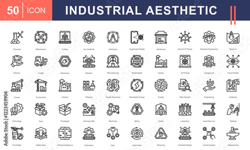 Icon set showcasing an industrial aesthetic, including robotics, machinery, manufacturing, safety, engineering, renewable energy, and technology. Perfect for industrial and tech-focused projects.