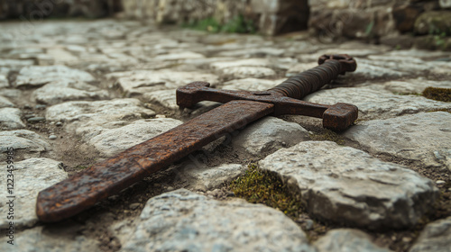 Rusty Medieval Sword on a Stone Floor – Historical Relic with Rustic Charm and Timeworn Details photo