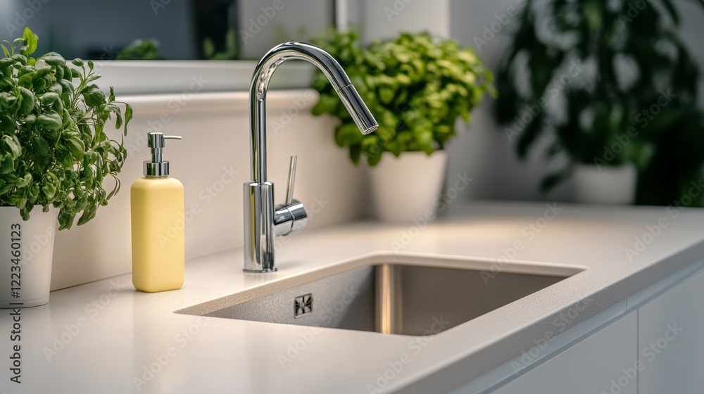 Elegant Hygienic kitchen sink with a no touch faucet and soap dispenser surrounded by stainless steel surfaces reflecting bright overhead lighting Elegant Hygienic kitchen sink with a no touch faucet and soap dispenser surrounded by stainless steel surfaces reflecting bright overhead lighting