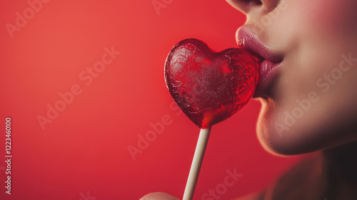 Close up of a woman with red lipstick and a valentine heart lolly