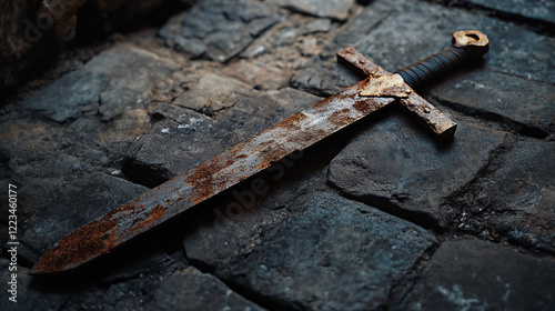 Rusty Medieval Sword on a Stone Floor – Historical Relic with Rustic Charm and Timeworn Details photo