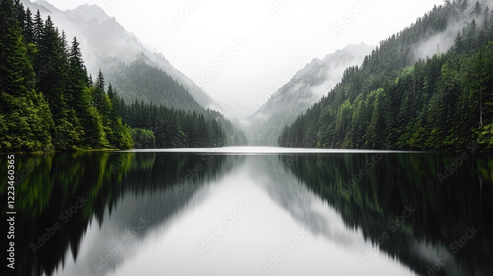 Misty mountain lake reflection, serene nature scene, travel postcard Misty mountain lake reflection, serene nature scene, travel postcard